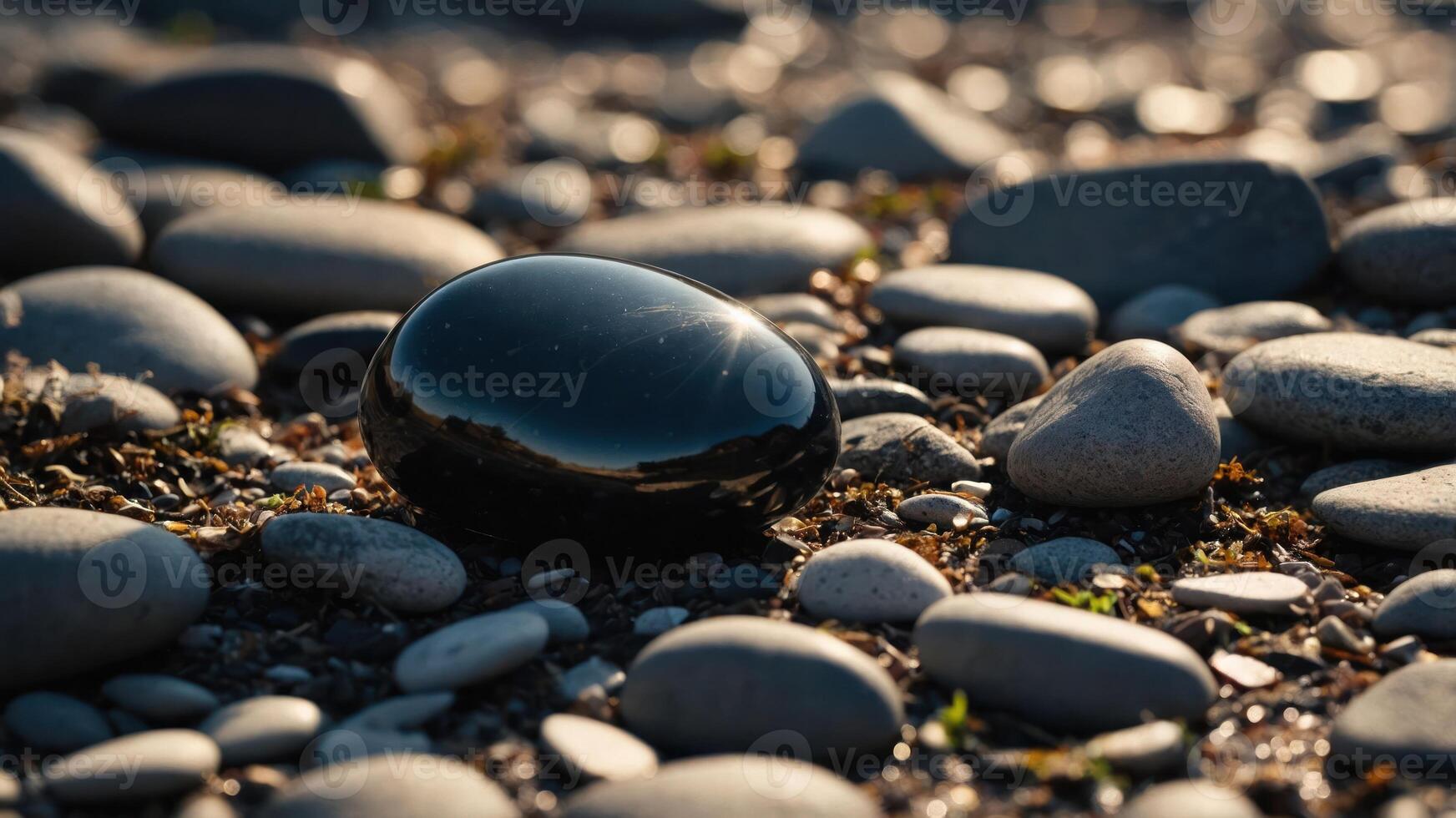 A smooth black stone surrounded by various pebbles on a sandy surface. photo