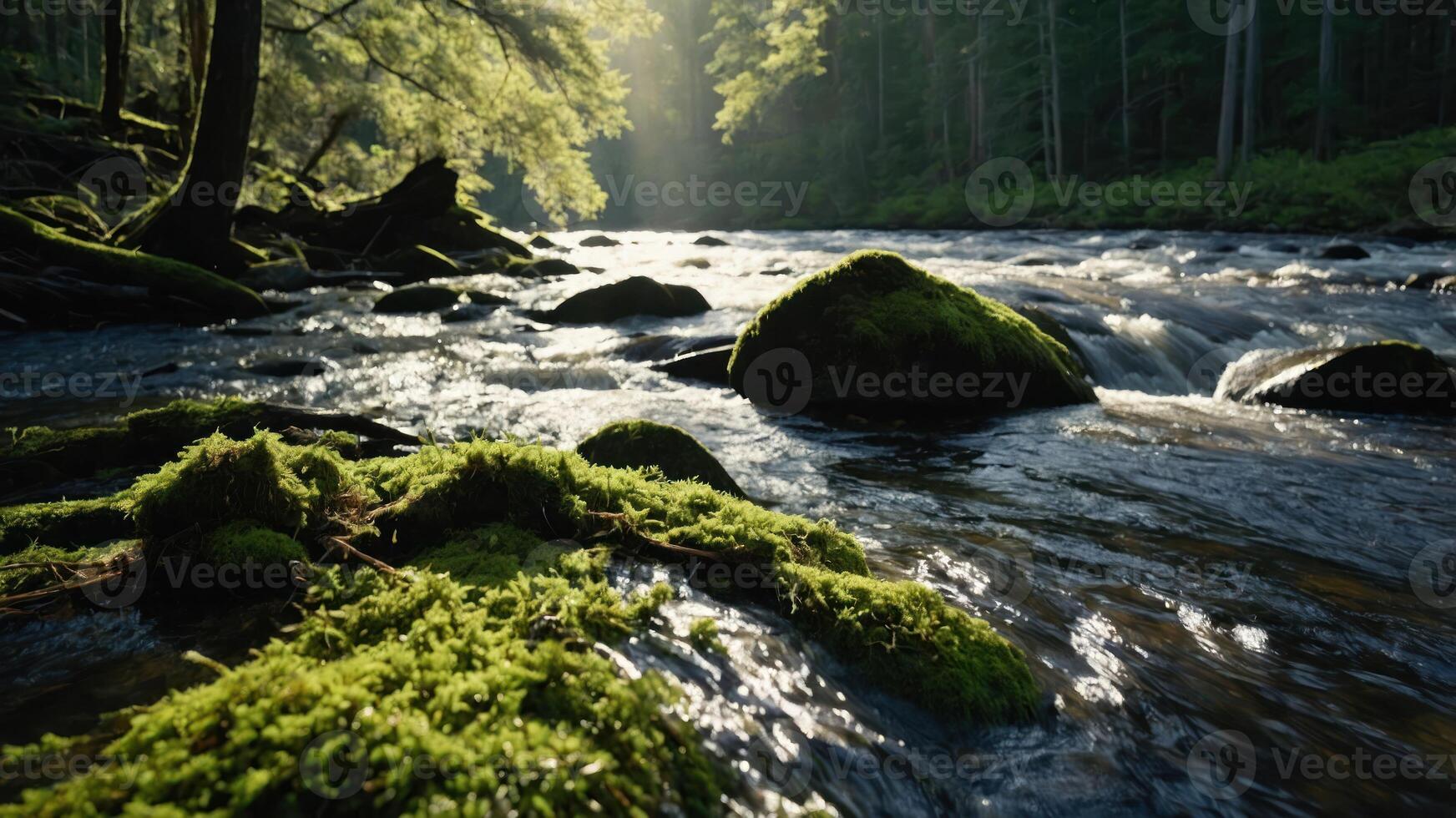 A serene river scene with mossy rocks and sunlight filtering through trees. photo