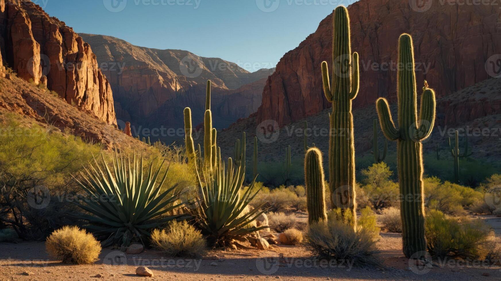 A serene desert landscape featuring tall cacti and rugged mountains in the background. photo