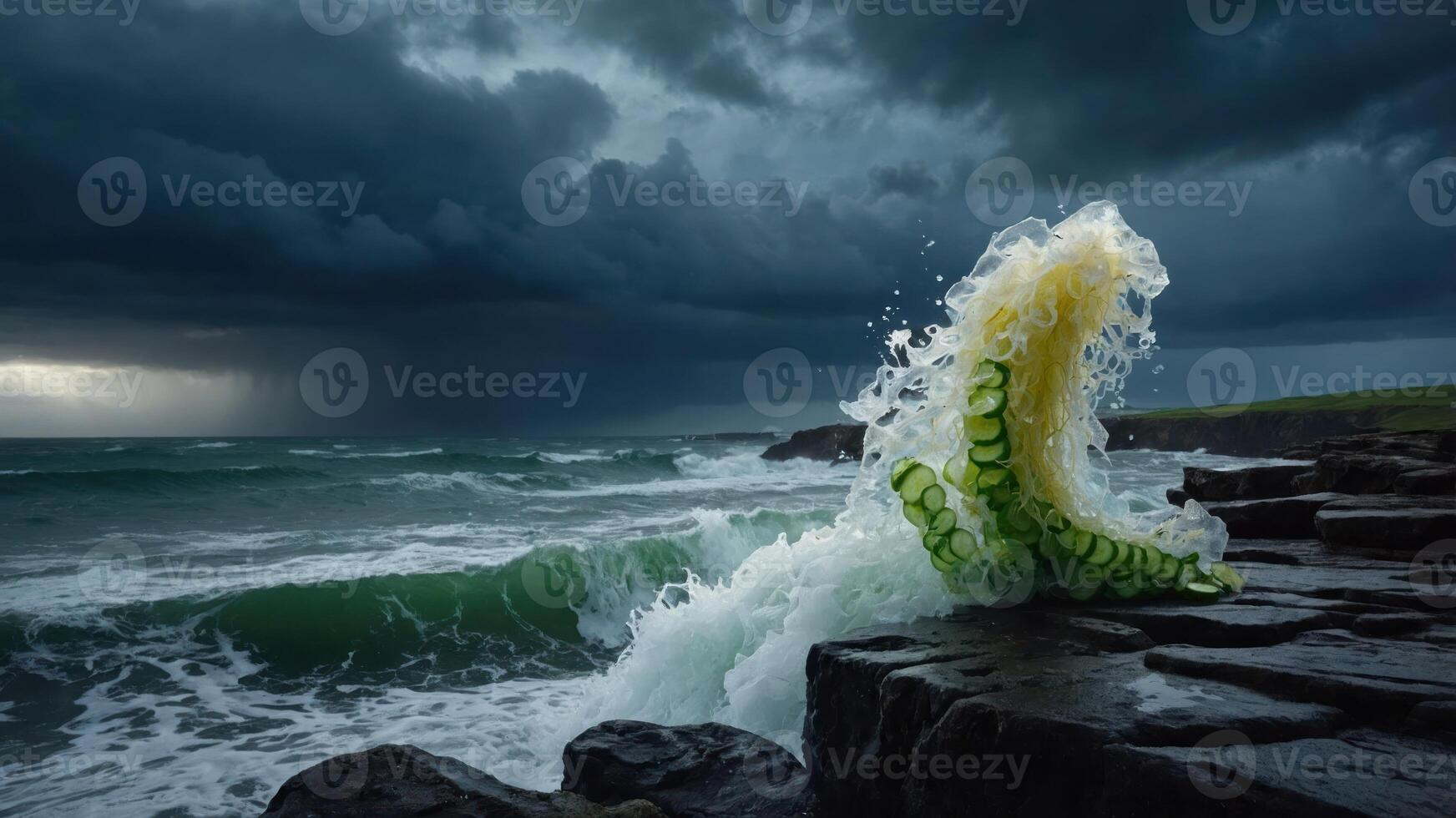 A dramatic wave crashes against rocks under a stormy sky, creating a vivid display of nature. photo