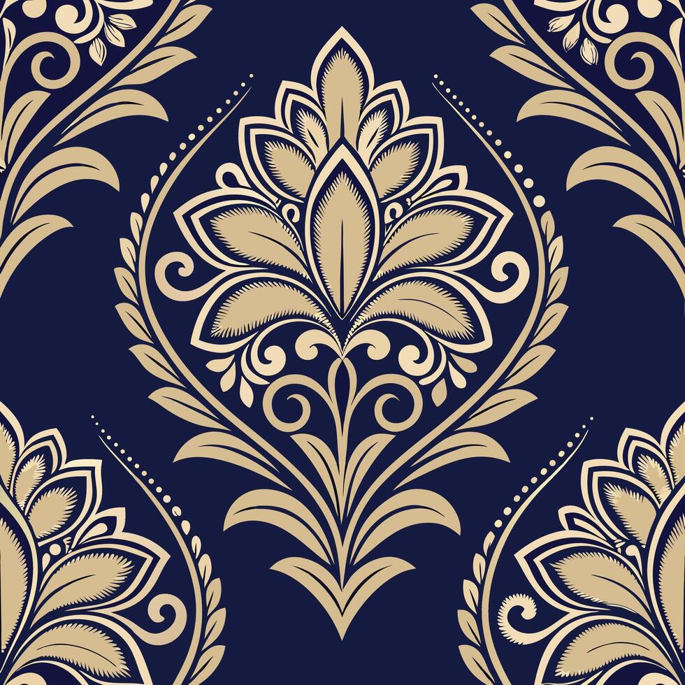 Elegant Floral Damask Pattern On Navy Background vector
