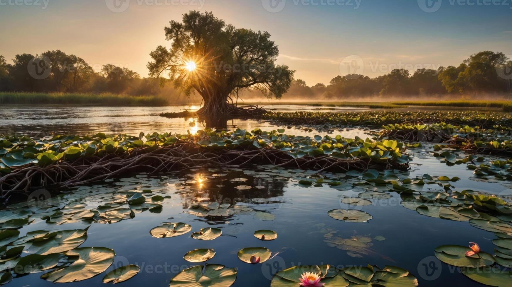 A serene landscape featuring a tree by a misty lake with water lilies and a sunrise. photo