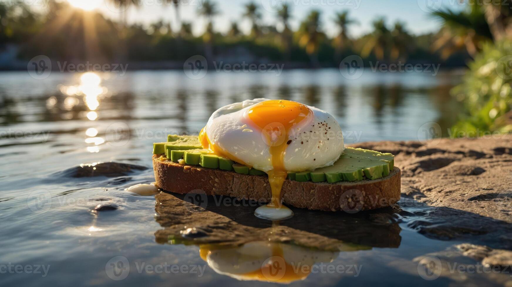 A poached egg on avocado toast by a serene water body at sunset. photo