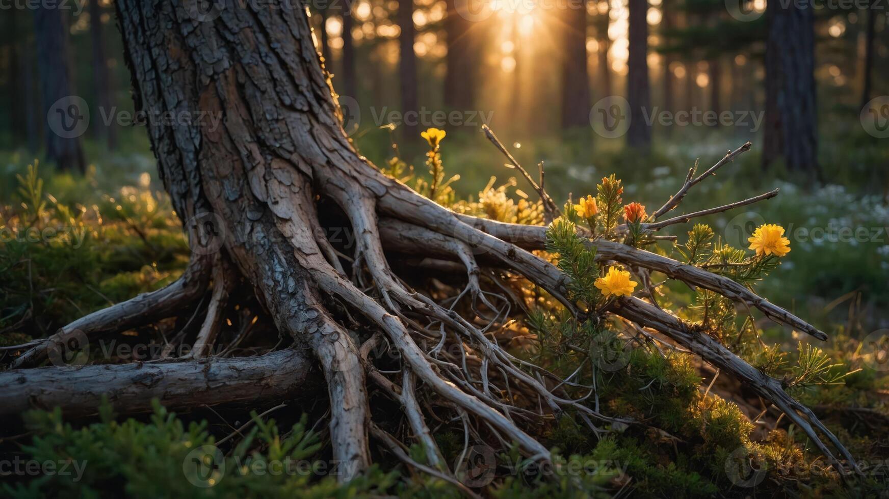 A serene forest scene featuring tree roots and wildflowers illuminated by sunlight. photo
