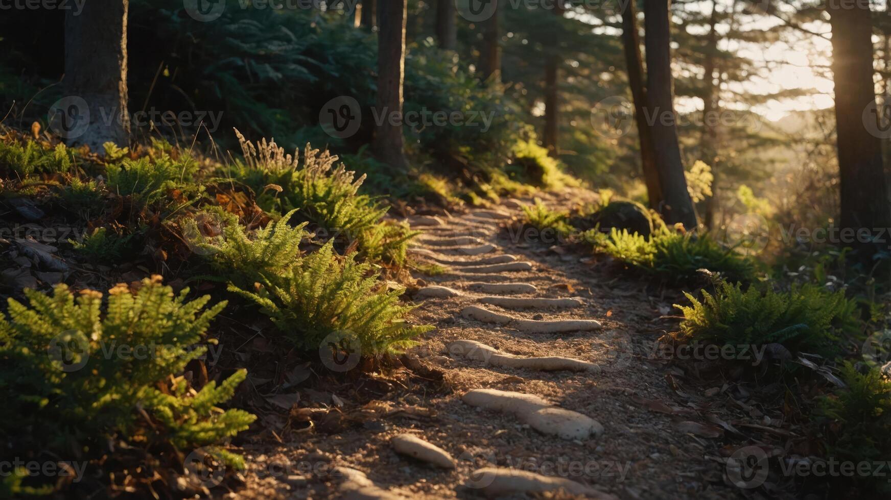 A serene forest path lined with stones and ferns, illuminated by soft sunlight. photo