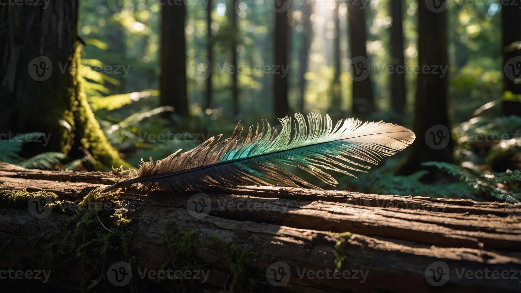 A colorful feather rests on a log in a sunlit forest, showcasing nature's beauty. photo