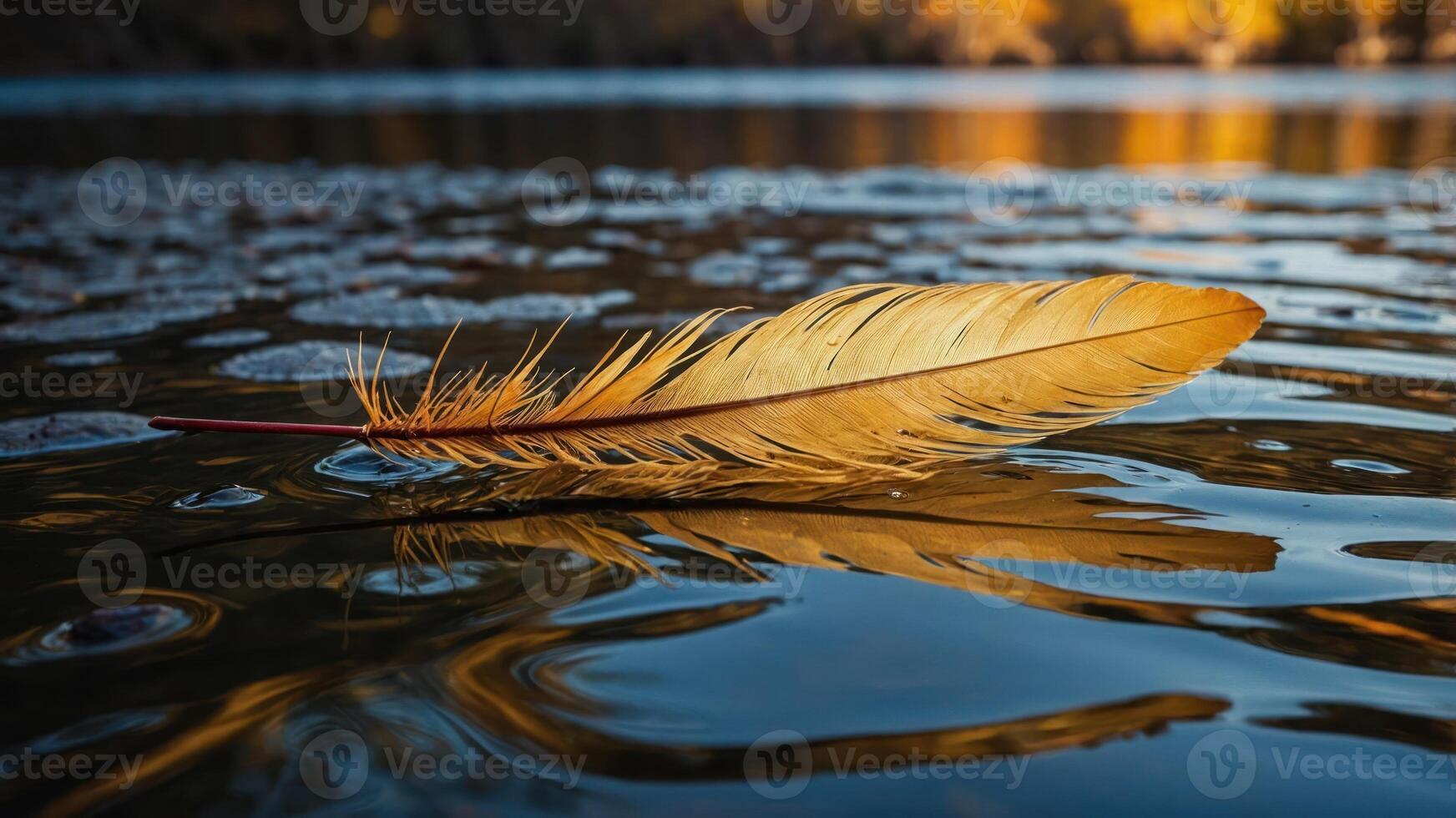 A golden feather floats on a tranquil water surface, reflecting warm light. photo