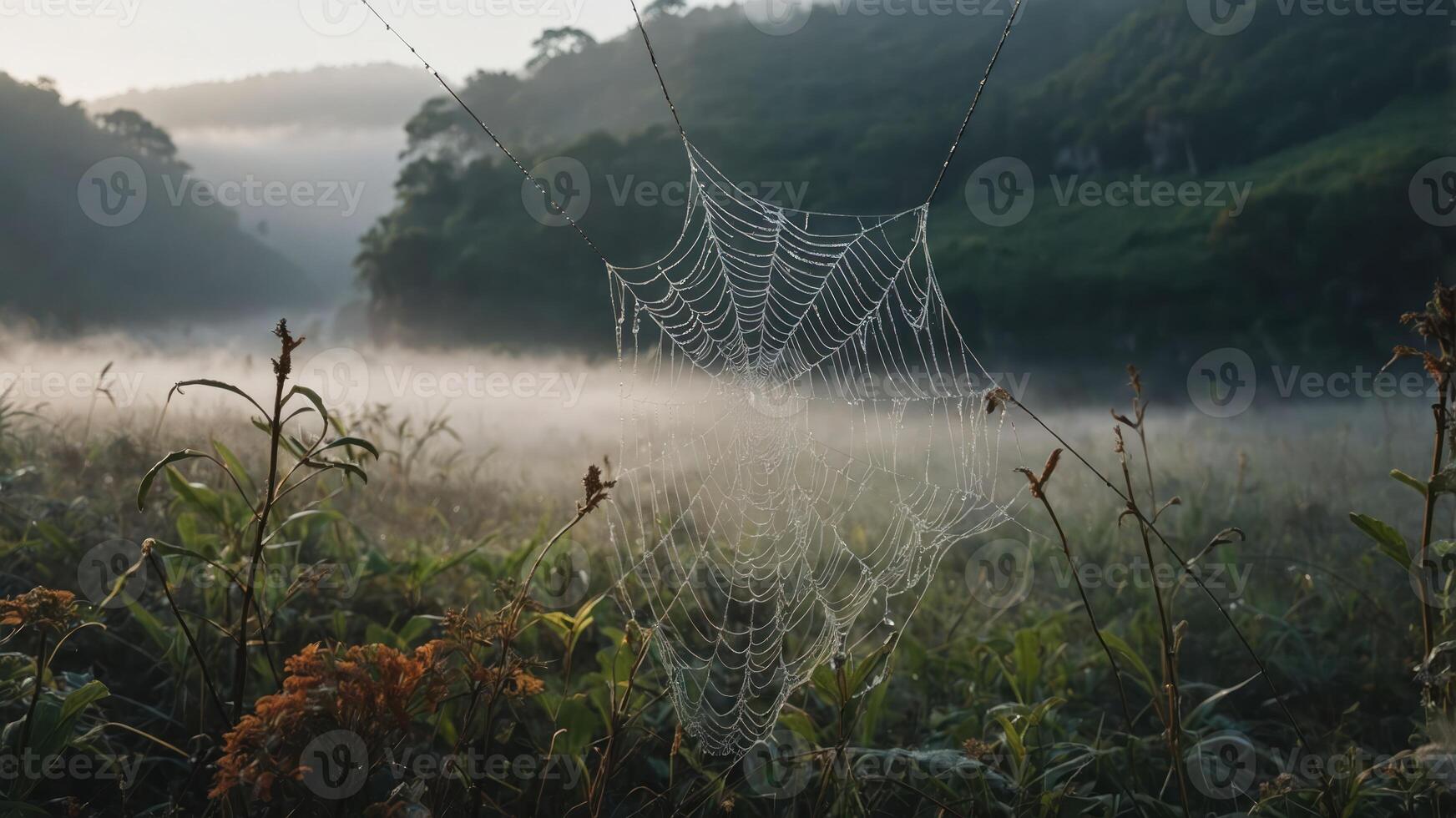 A close-up of a spider web glistening with dew in a misty landscape. photo