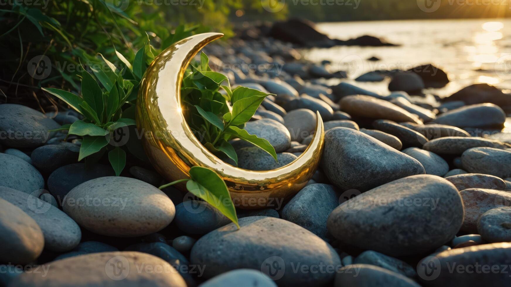 A golden crescent moon rests among smooth pebbles by a tranquil water's edge. photo