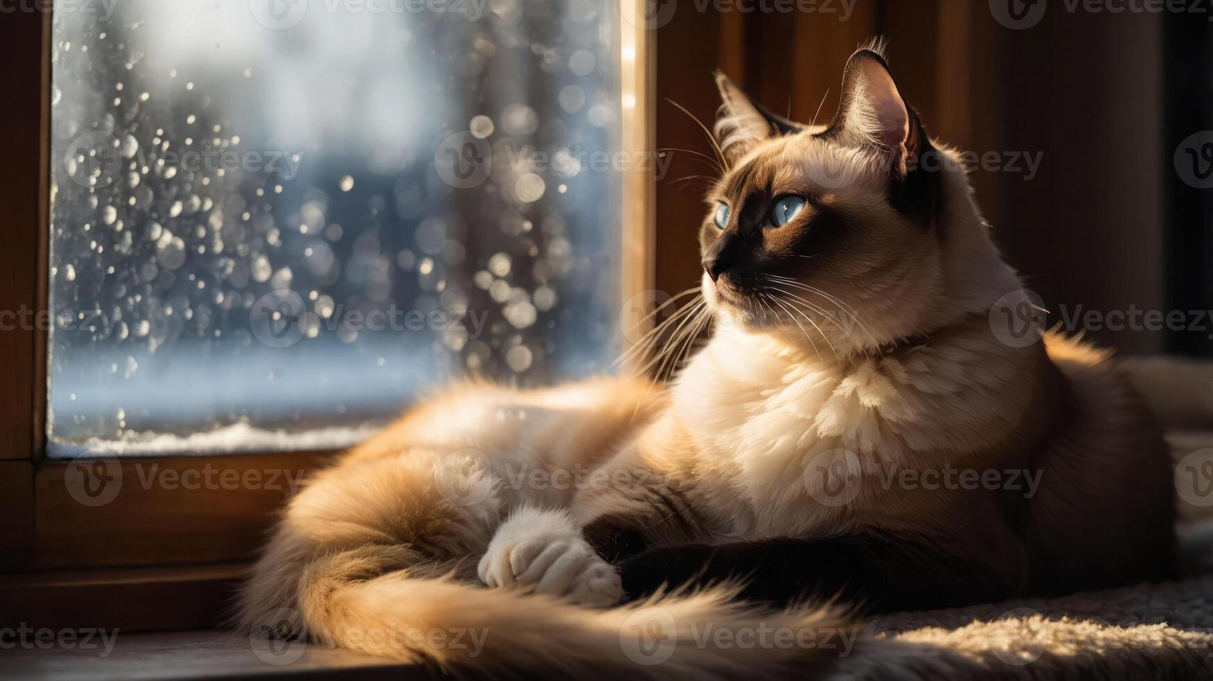 A serene cat gazes out a window, bathed in warm sunlight and surrounded by snowflakes. photo