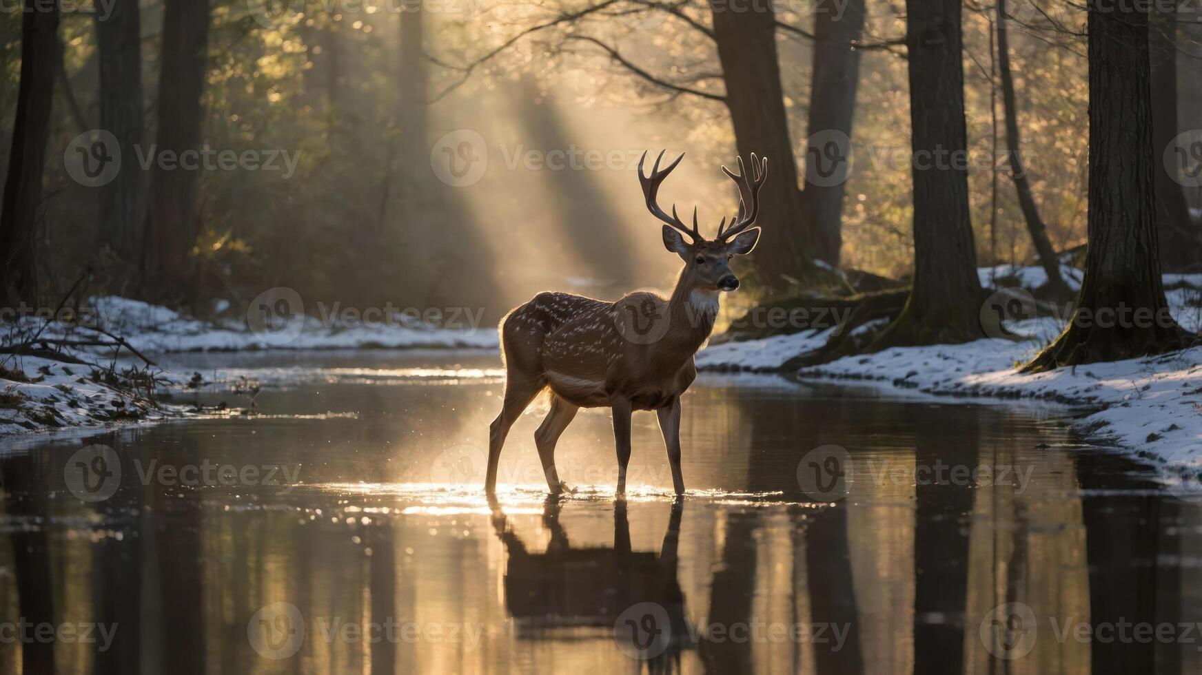 A serene deer stands in a misty forest with sunlight filtering through the trees. photo