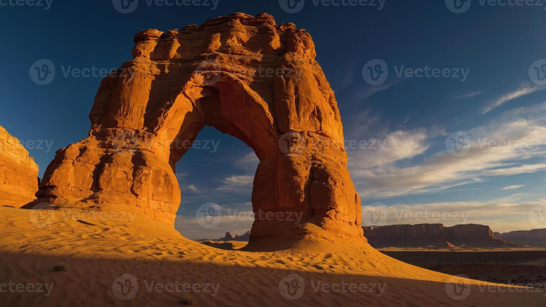A natural sandstone arch illuminated by sunset in a desert landscape. photo