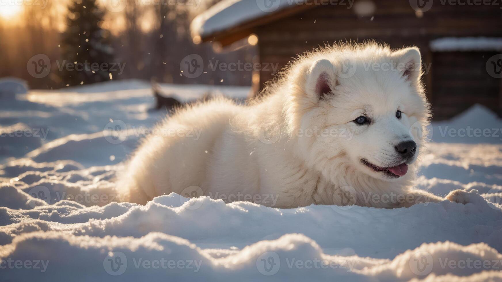 A fluffy white dog resting in the snow during a sunny winter day. photo