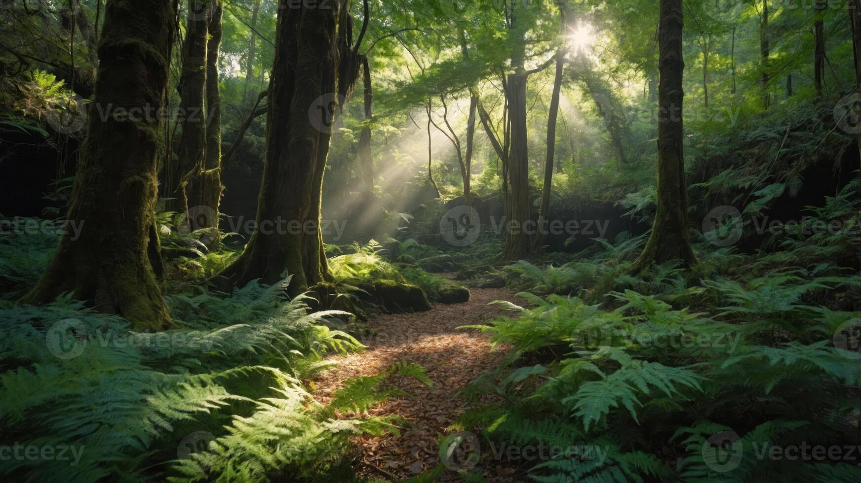 Lush forest scene with sunlight filtering through trees, creating a serene atmosphere. photo