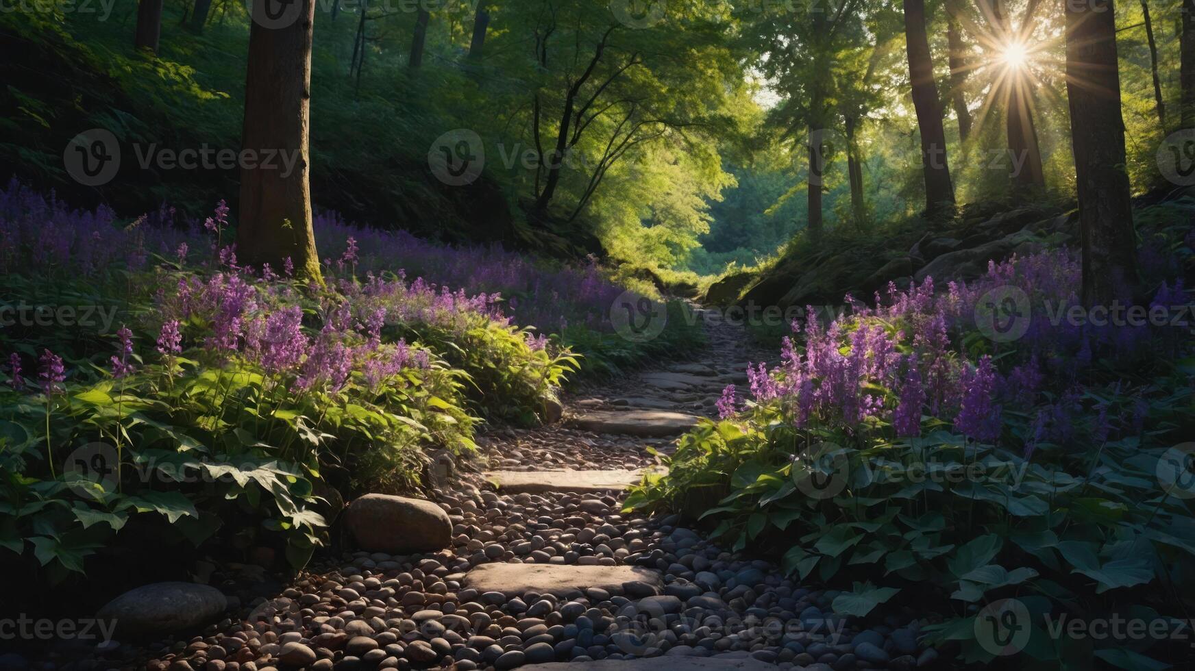 A serene forest path lined with purple flowers and sunlight filtering through the trees. photo