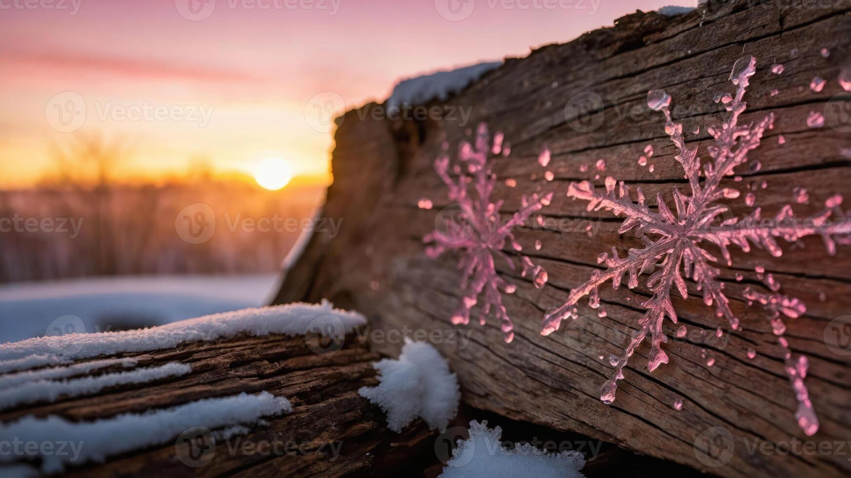 A close-up of a log with snowflakes and ice crystals, set against a sunset background. photo