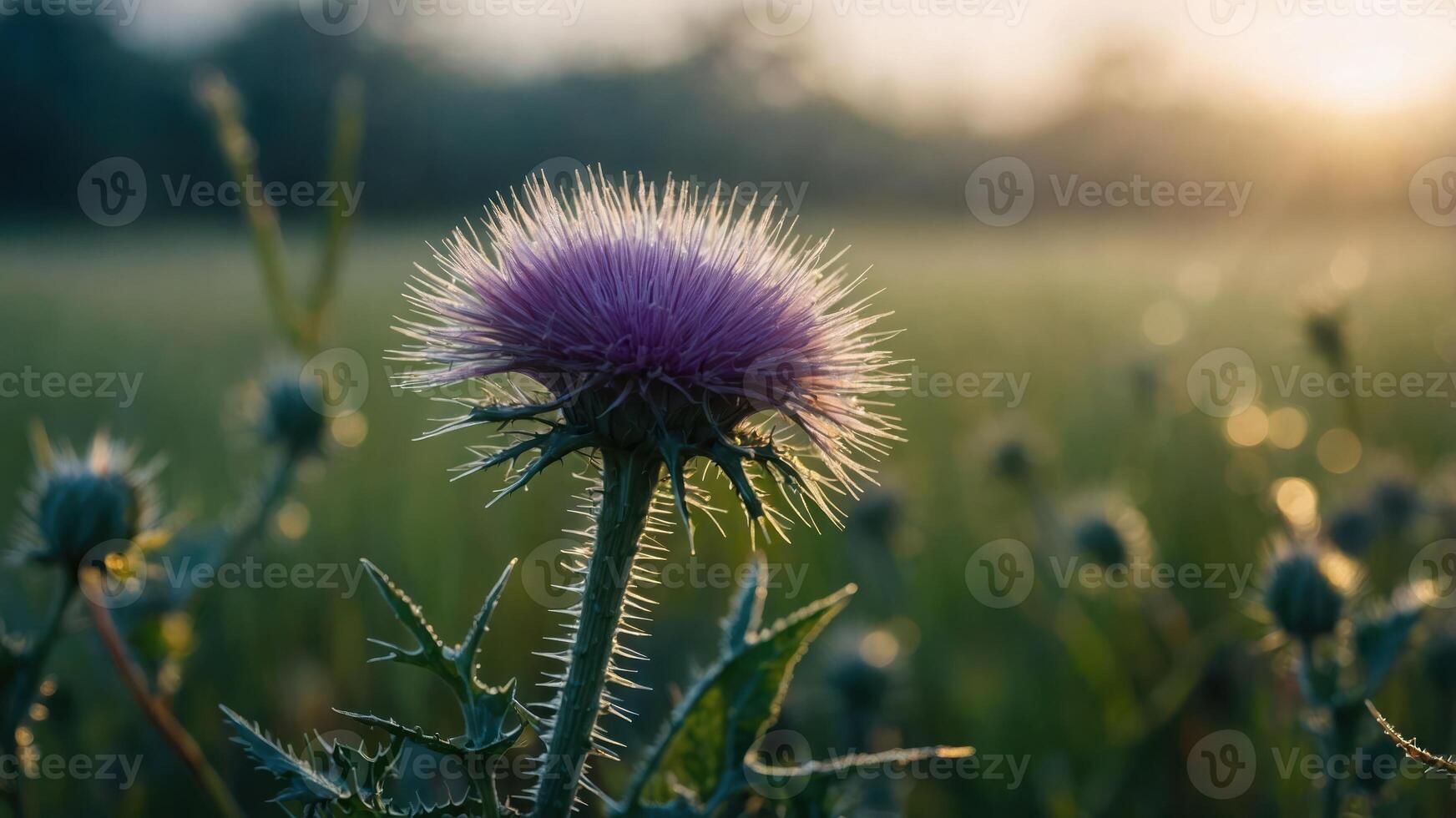 A close-up of a thistle flower with soft lighting in a natural field setting. photo
