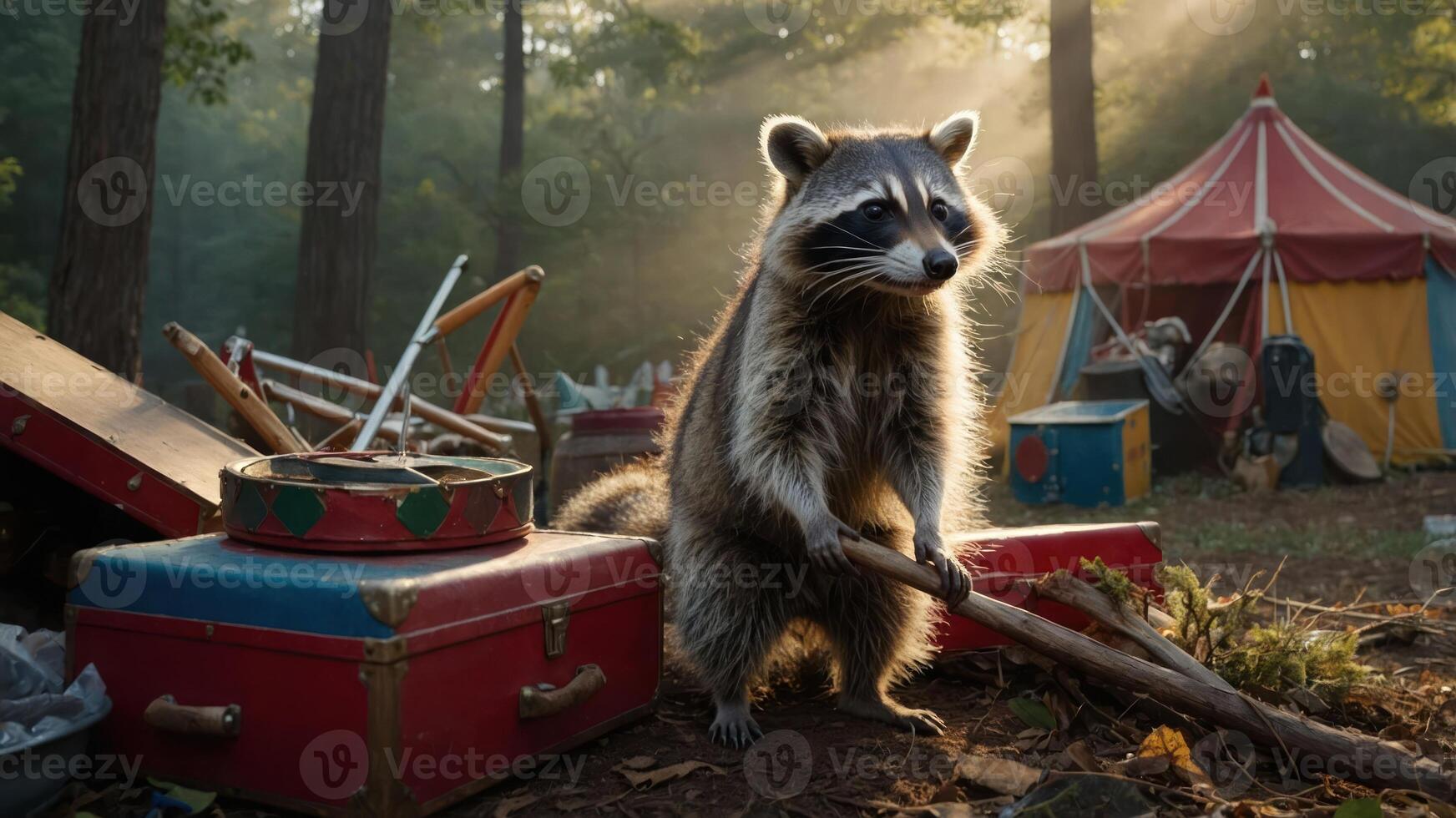 A raccoon stands in a forest with scattered camping gear and a circus tent in the background. photo