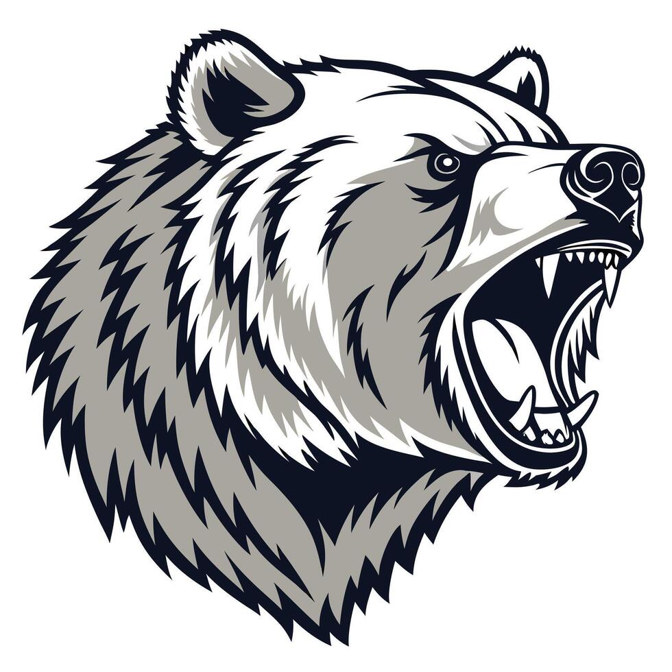 Roaring Bear Head Illustration In Monochrome Style Graphic vector