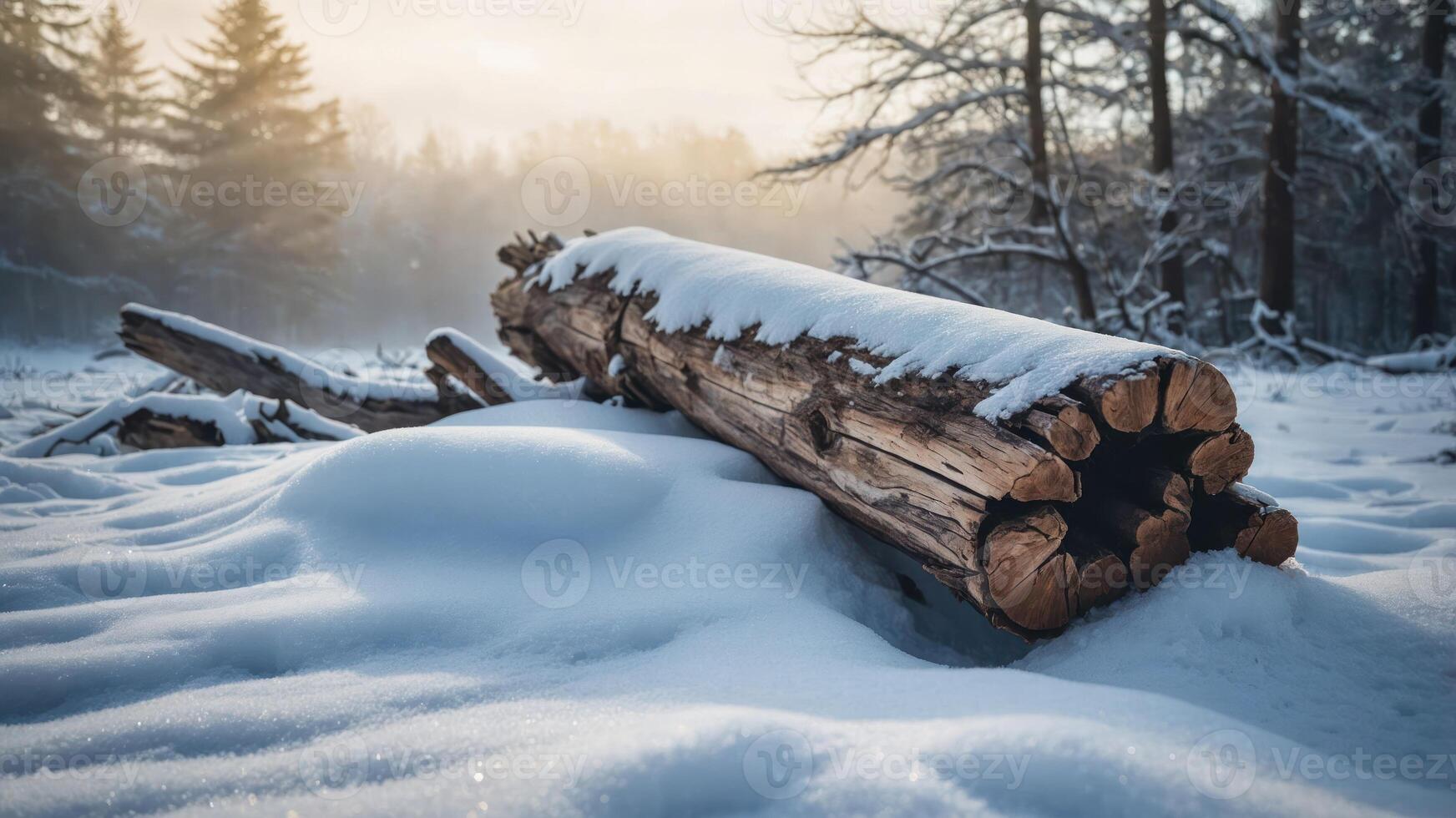 A serene winter landscape featuring a snow-covered log amidst a tranquil forest setting. photo
