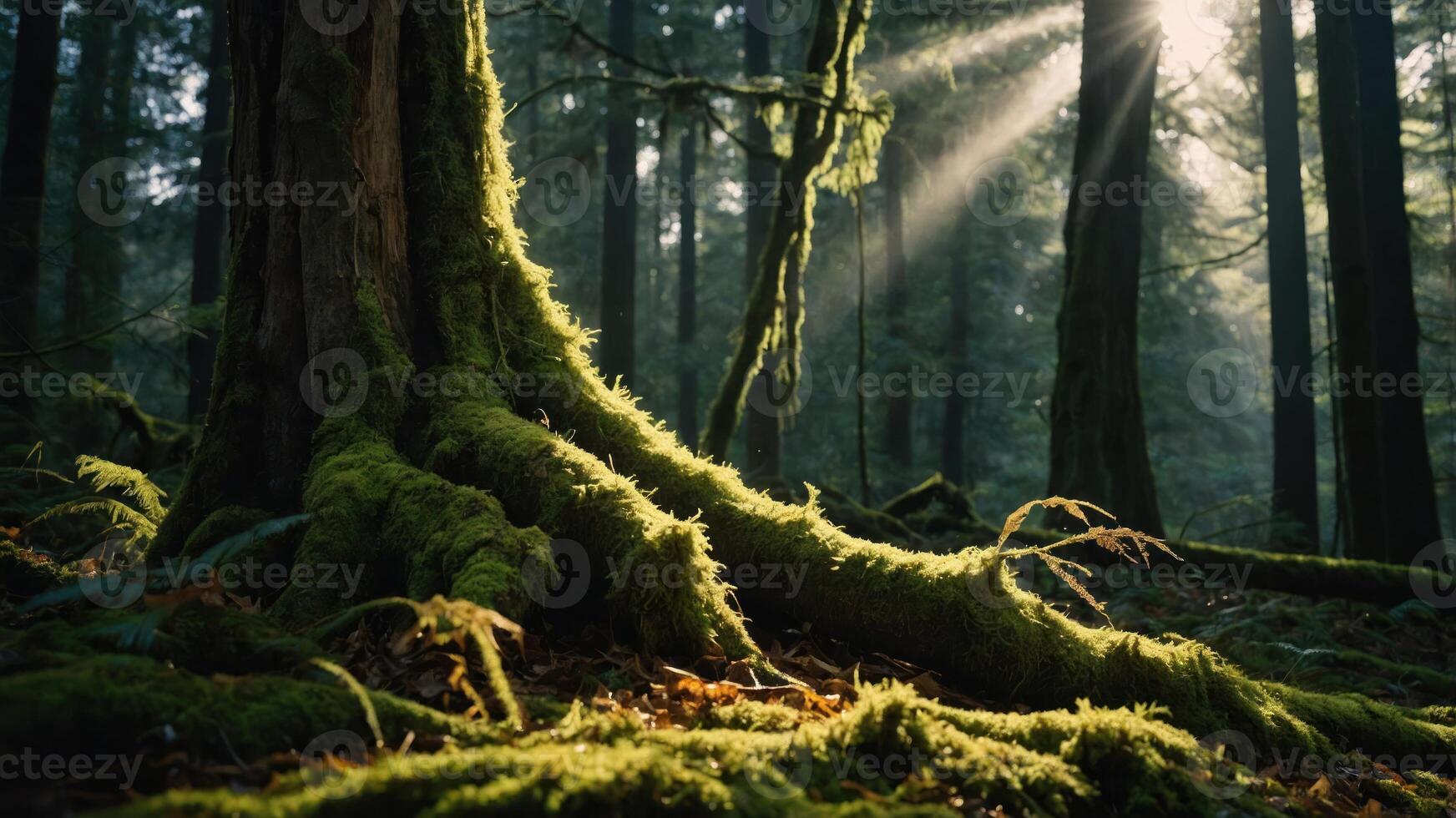 A serene forest scene with moss-covered roots illuminated by sunlight. photo