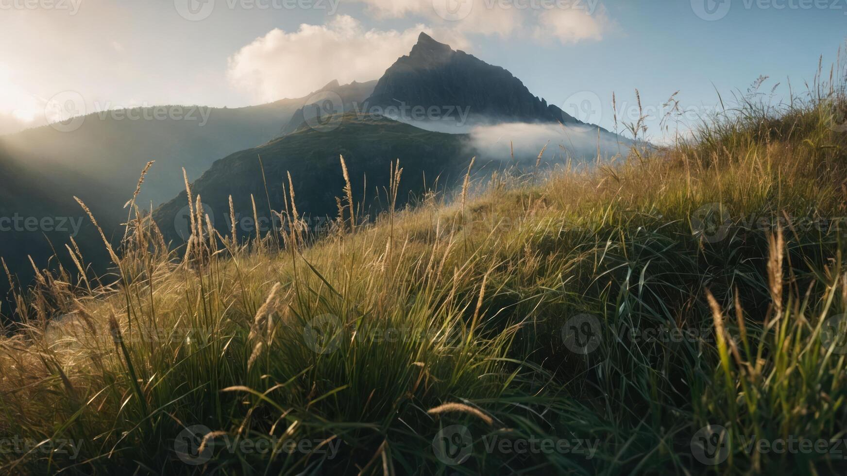 A serene mountain landscape with tall grass and misty peaks under soft sunlight. photo