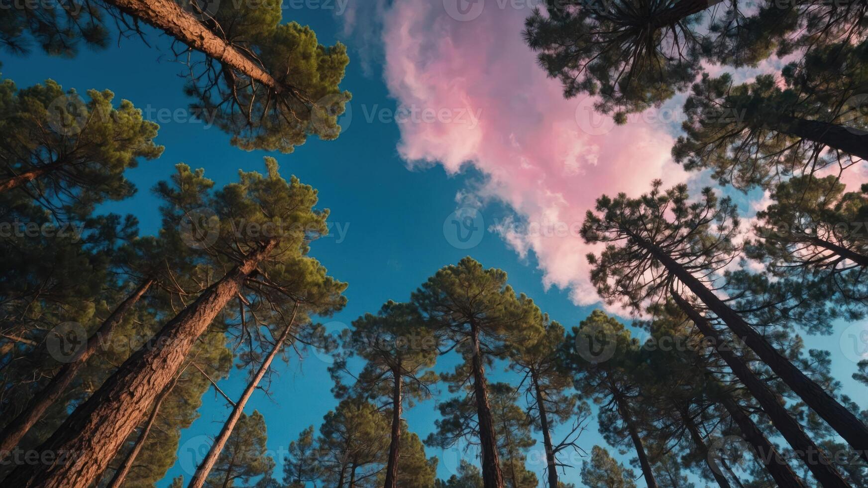 A serene view of tall trees reaching towards a blue sky with pink clouds. photo