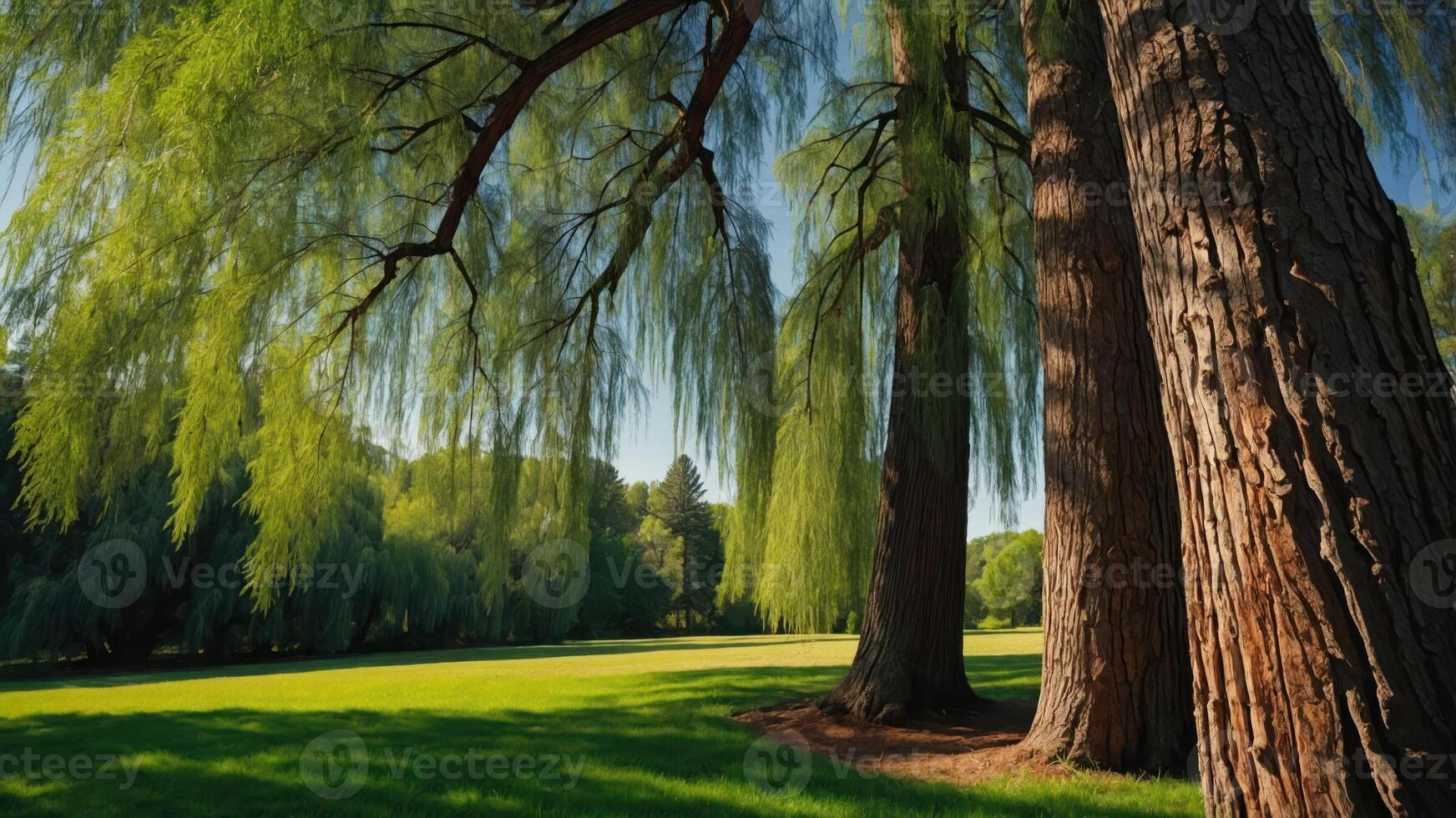 A serene landscape with tall trees and lush green grass under a clear blue sky. photo