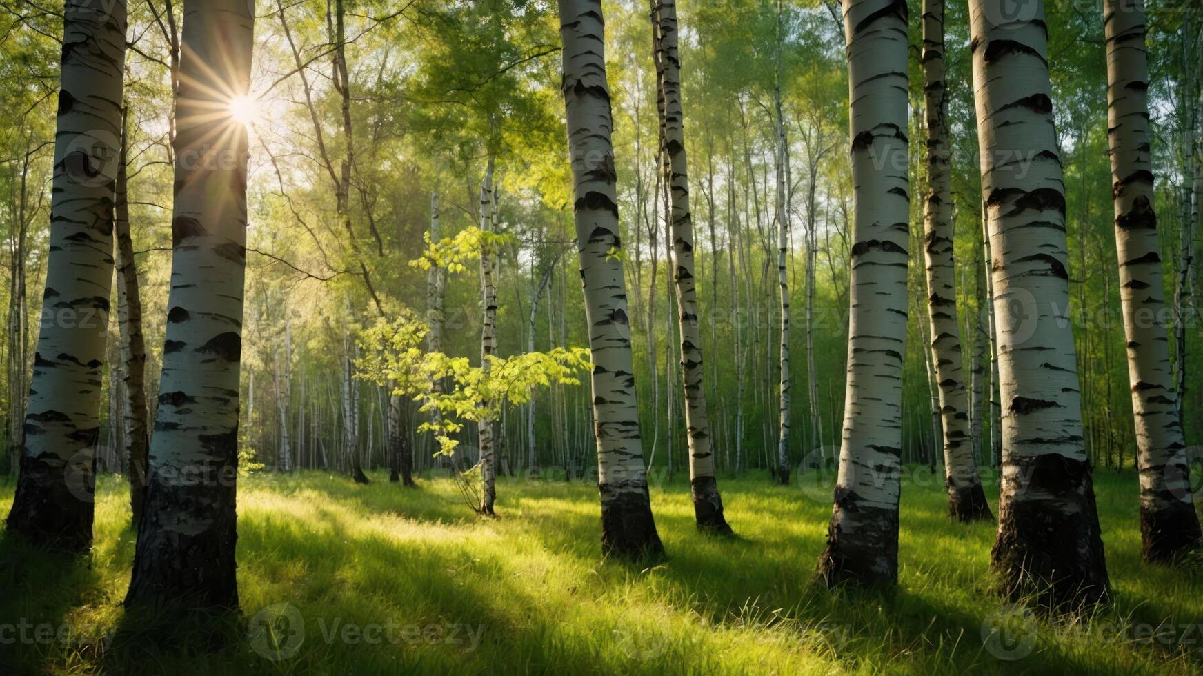 Sunlight filters through birch trees in a serene forest setting. photo