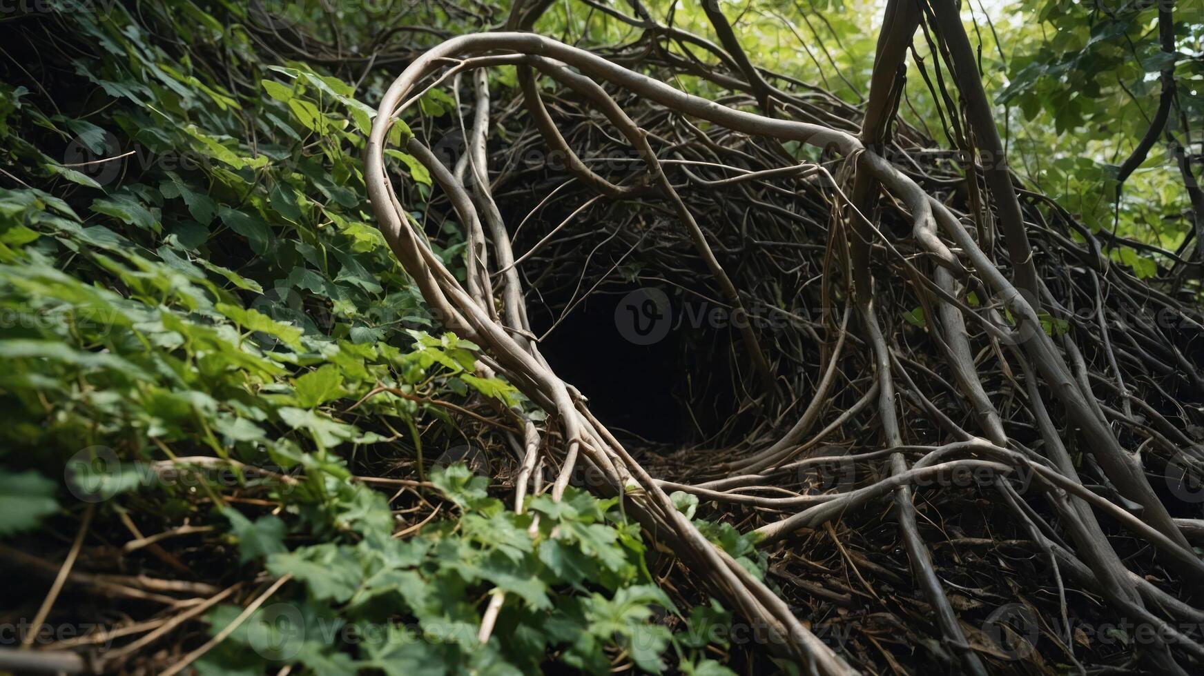 A dark entrance to a natural tunnel surrounded by lush green foliage and vines. photo