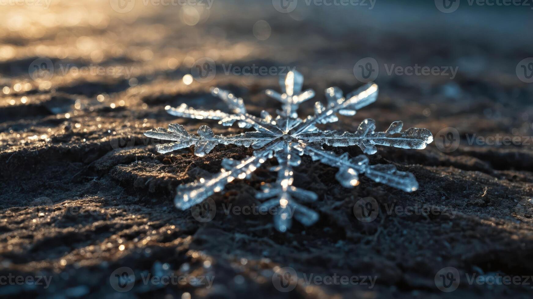 A close-up of a snowflake resting on a textured surface, showcasing its intricate design. photo