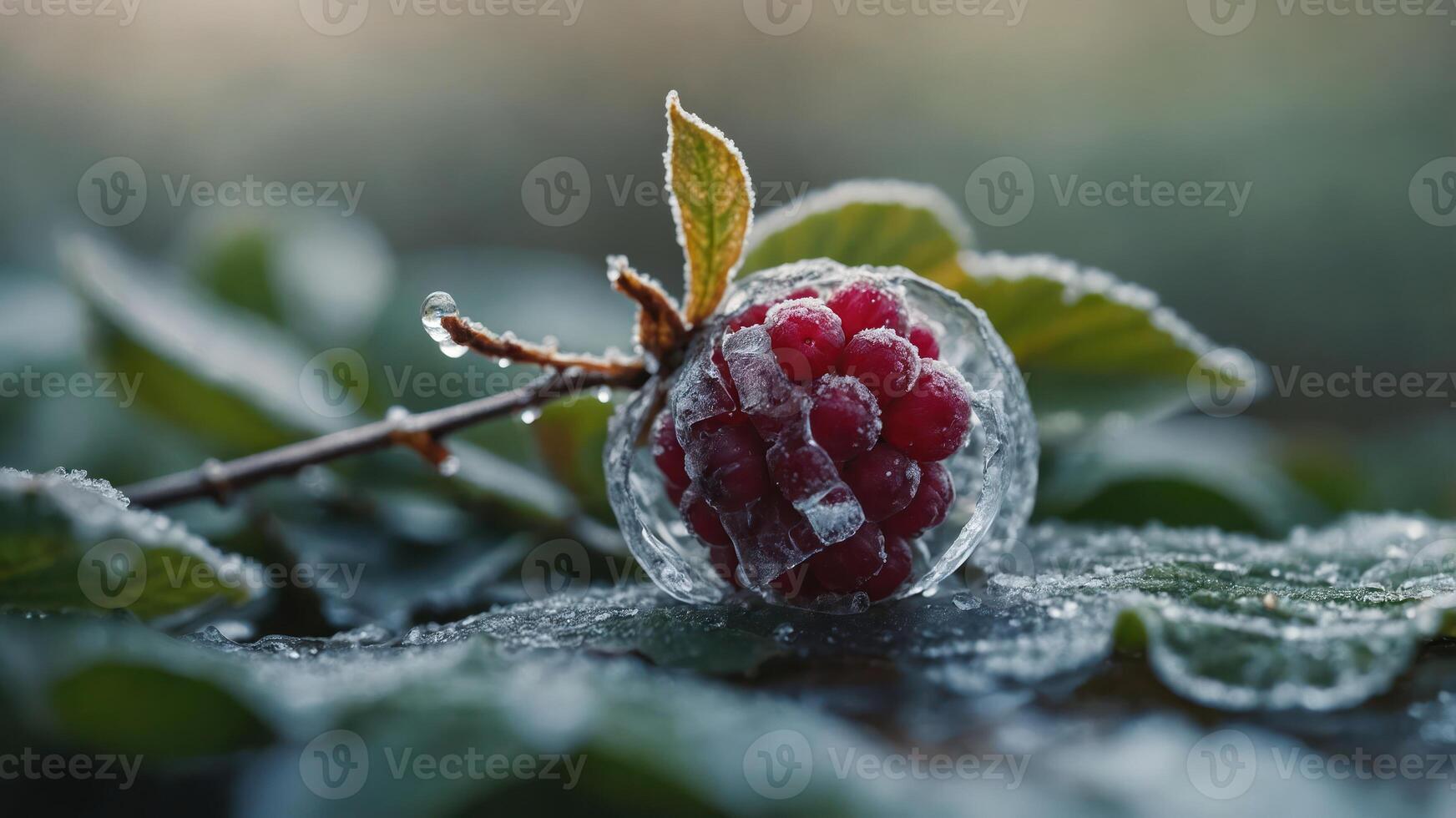 A raspberry is covered in ice on a leaf photo