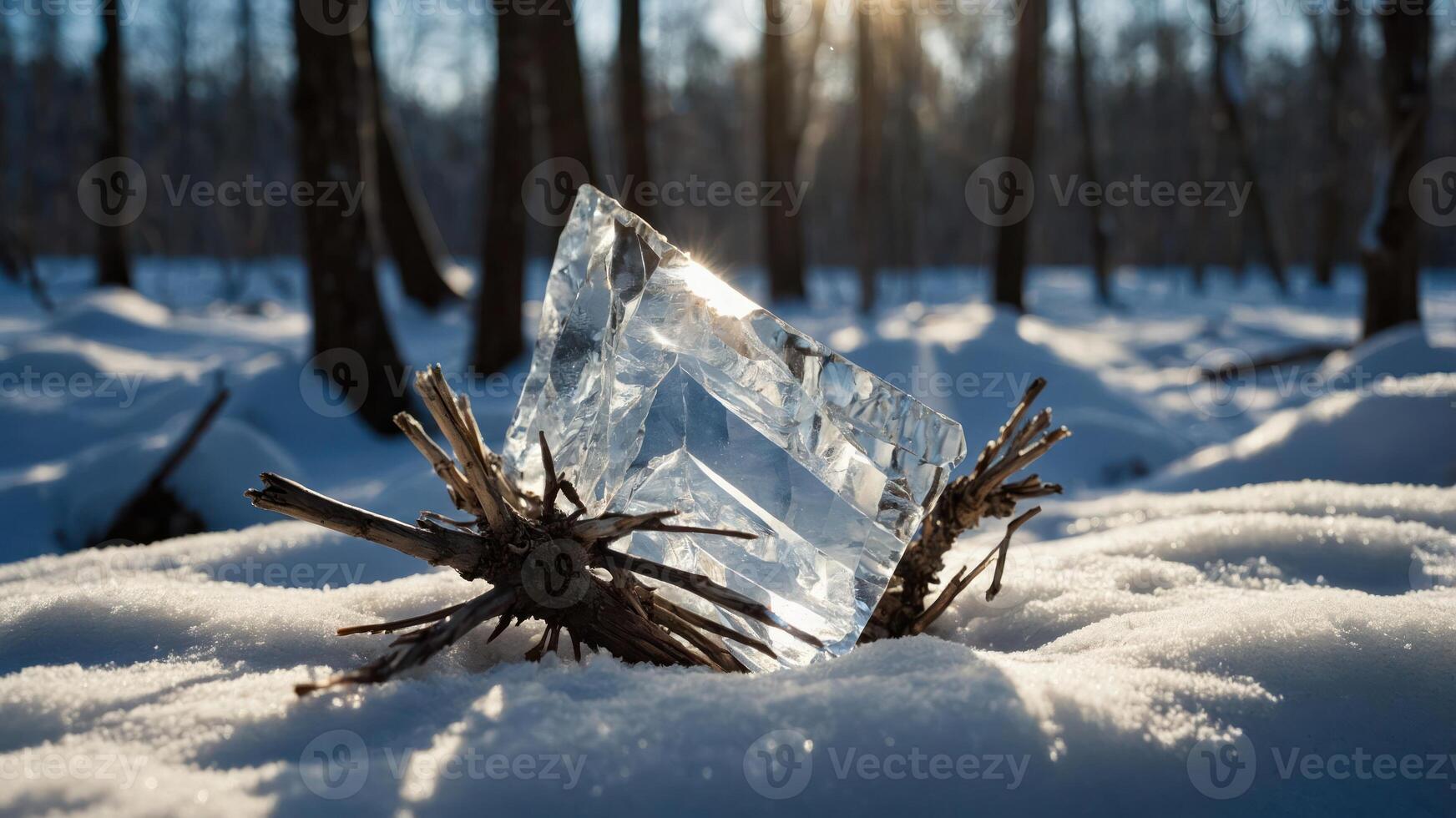 A crystal block rests on snow, surrounded by trees, reflecting sunlight in a serene winter landscape. photo
