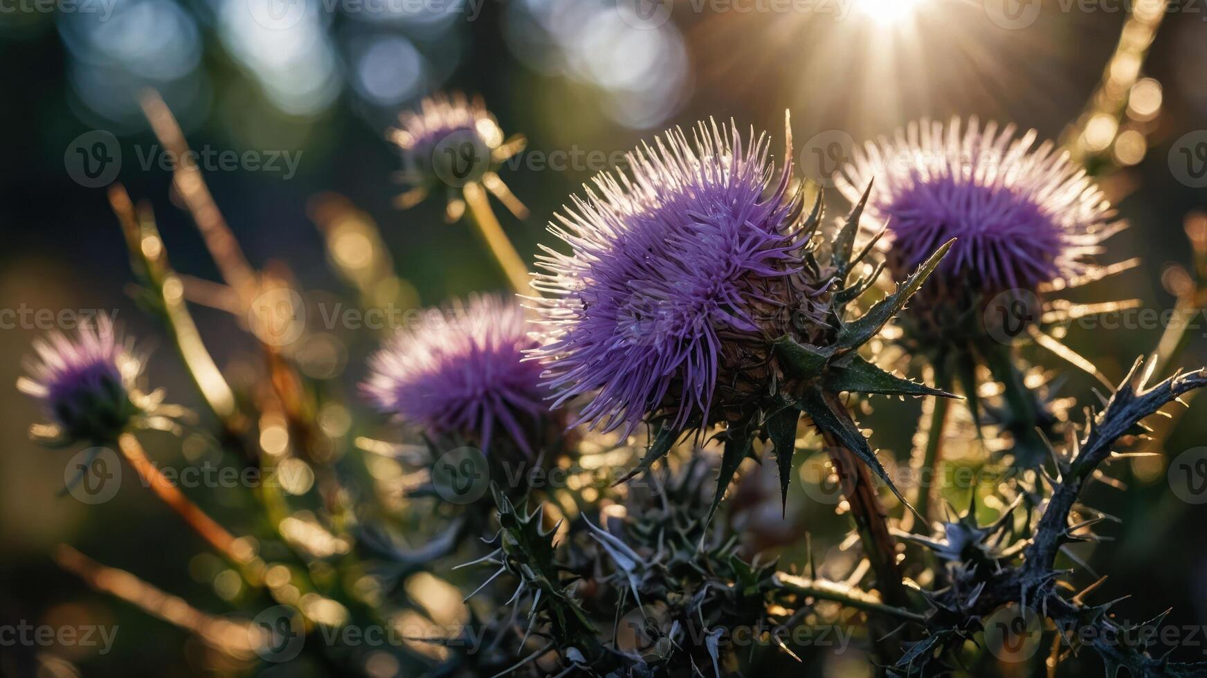 A close-up of thistle flowers illuminated by sunlight in a natural setting. photo