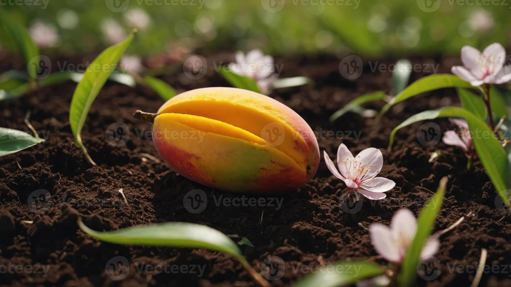 A mango rests on soil surrounded by green leaves and pink flowers. photo