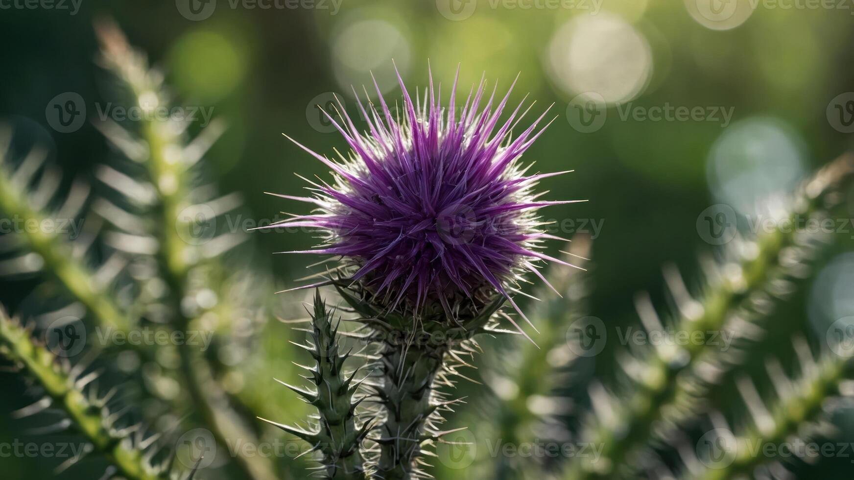 A close-up of a vibrant purple thistle flower surrounded by green foliage. photo