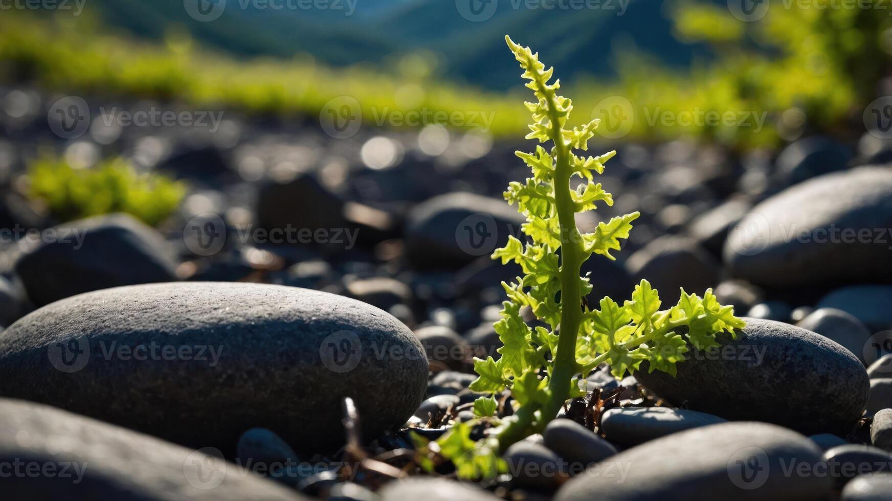 A green plant emerges from a bed of smooth stones, highlighting resilience in nature. photo