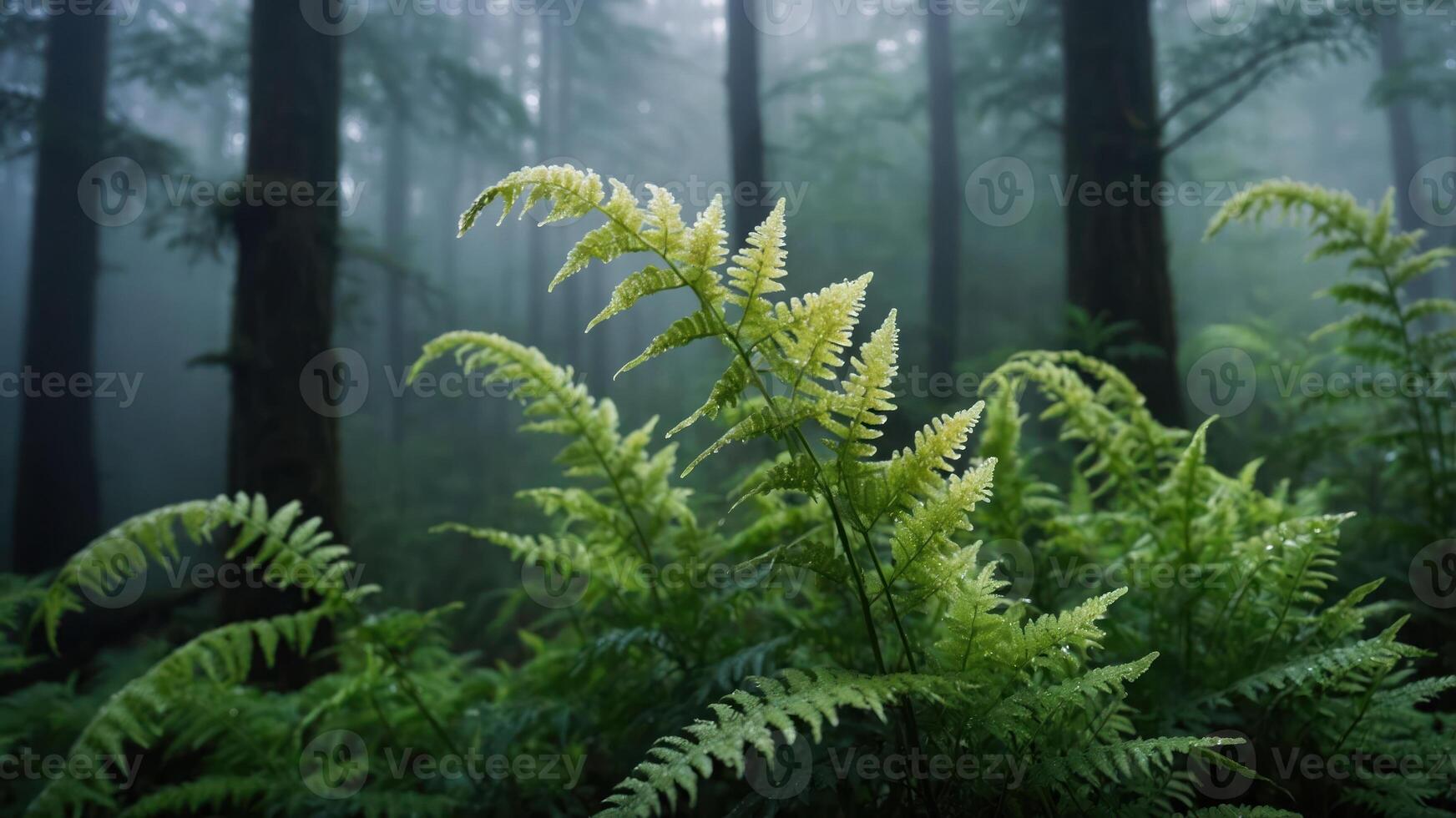 Lush green ferns in a misty forest, creating a serene and tranquil atmosphere. photo