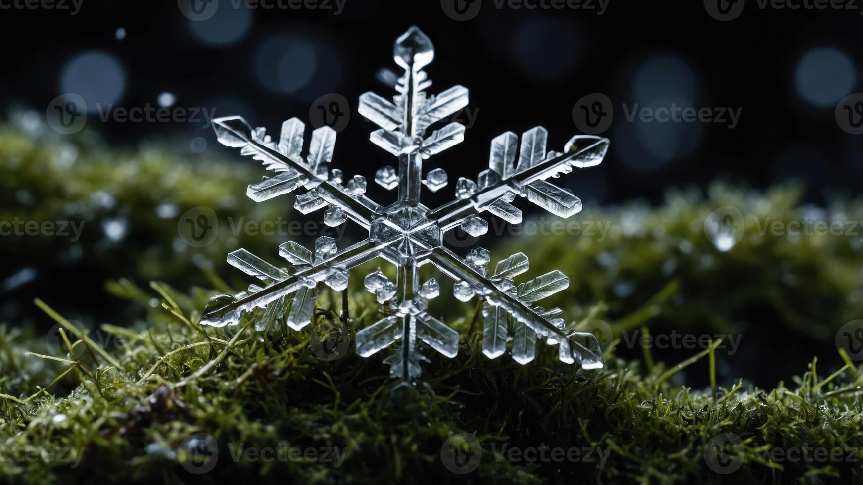 A close-up of a snowflake resting on moss, showcasing intricate ice patterns and textures. photo