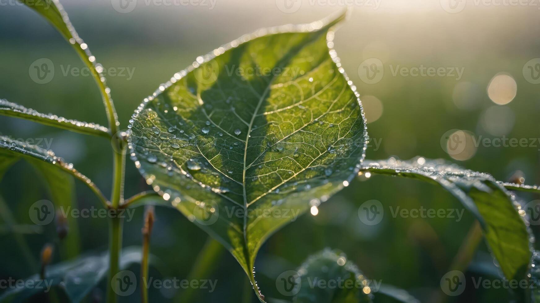 A close-up of a leaf covered in water droplets, illuminated by soft sunlight. photo