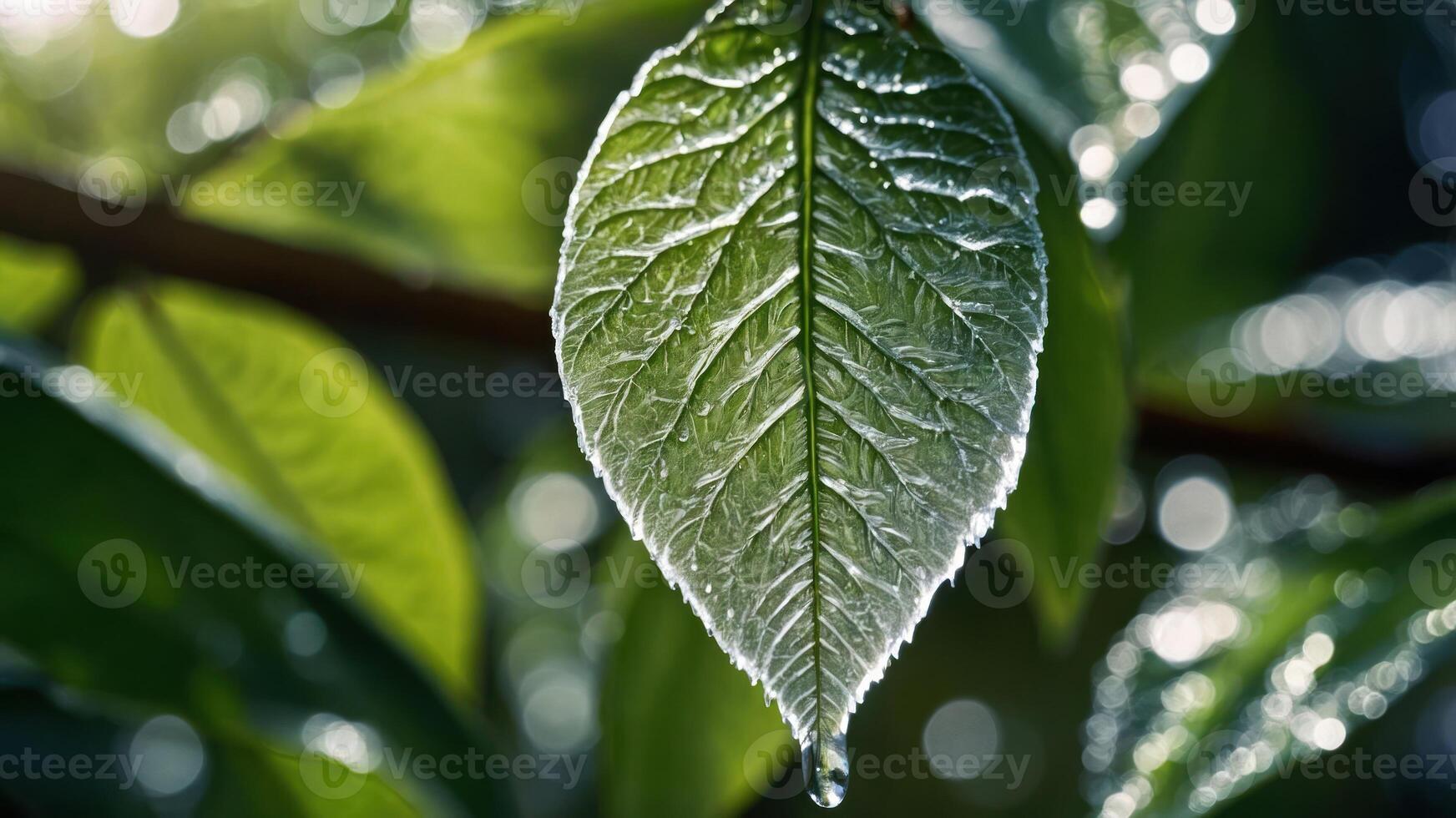 Close-up of a dewy green leaf with intricate texture and droplets. photo