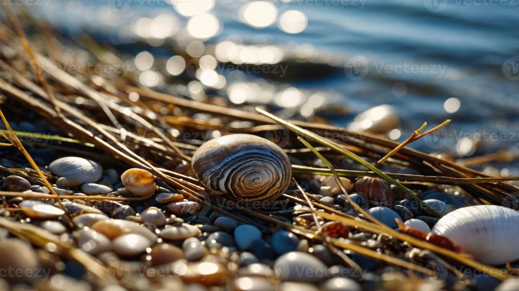 A close-up of shells and pebbles on a shoreline, surrounded by grass and water. photo