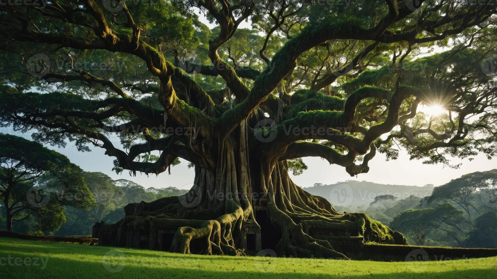 A majestic tree with sprawling branches and lush greenery under a bright sky. photo