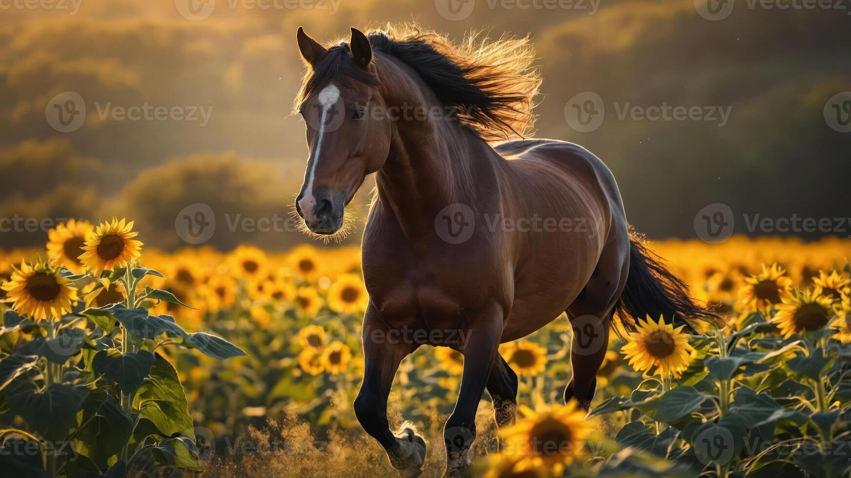 A horse gallops through a vibrant sunflower field at sunset, showcasing nature's beauty. photo