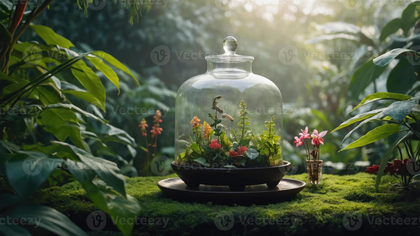 A glass terrarium showcasing vibrant plants in a lush, green environment. photo
