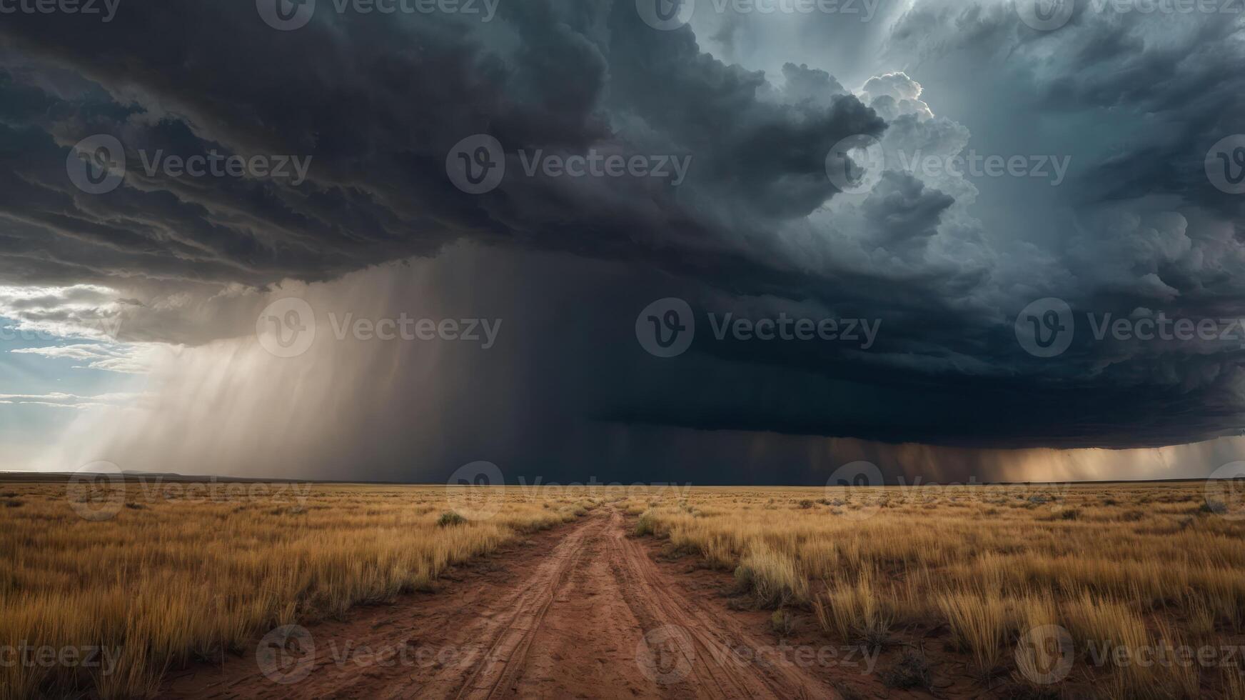 Dramatic storm clouds loom over a dirt road in a vast, open landscape. photo