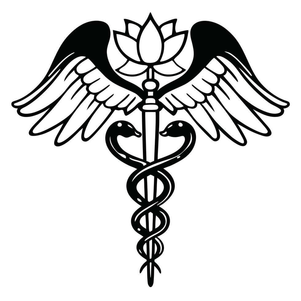 Caduceus Symbol With Wings And Lotus Flower vector