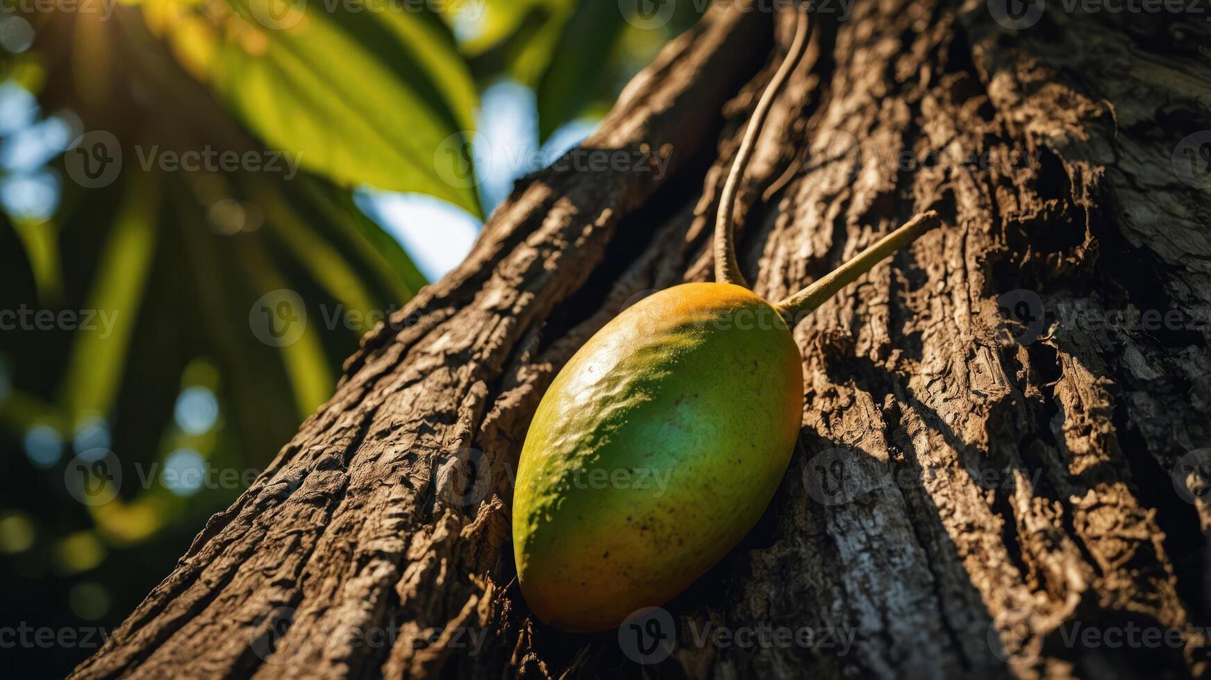 A close-up of a green and yellow fruit on a textured tree trunk in natural light. photo