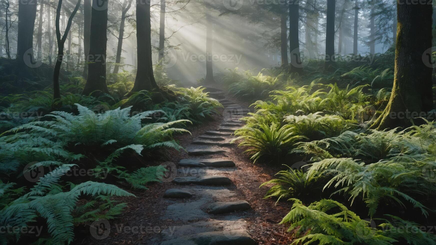 A serene forest path illuminated by sunlight, surrounded by lush ferns and trees. photo
