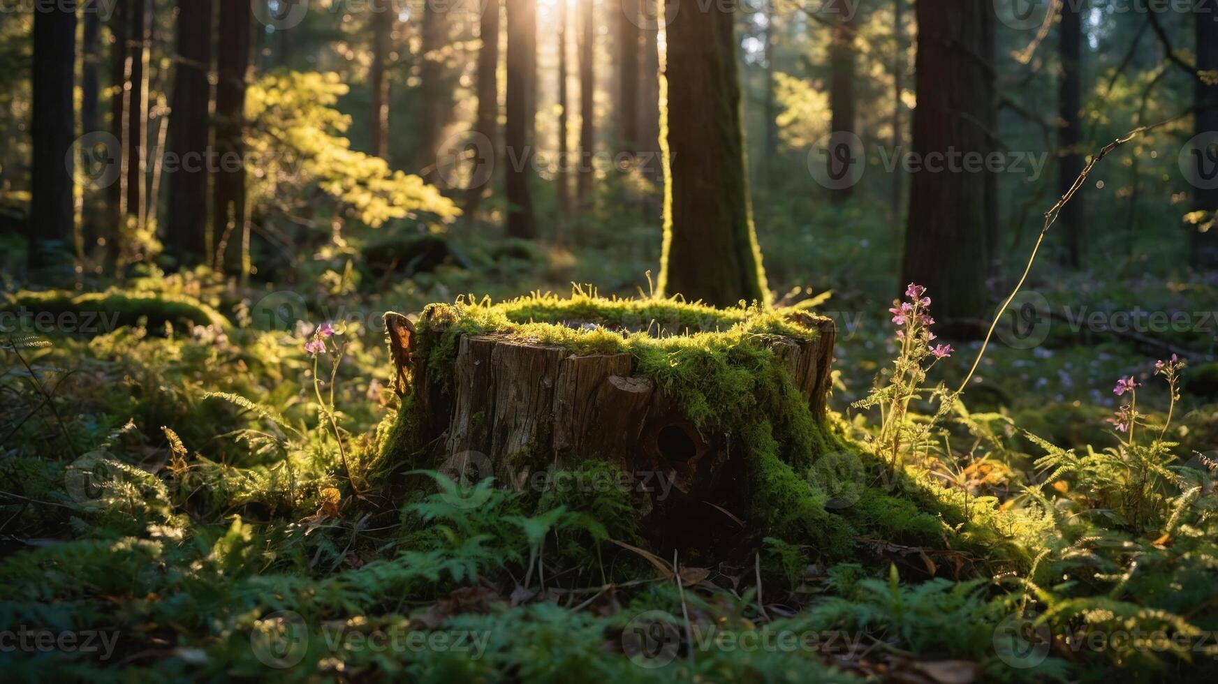 A serene forest scene featuring a moss-covered tree stump with sunlight filtering through trees. photo